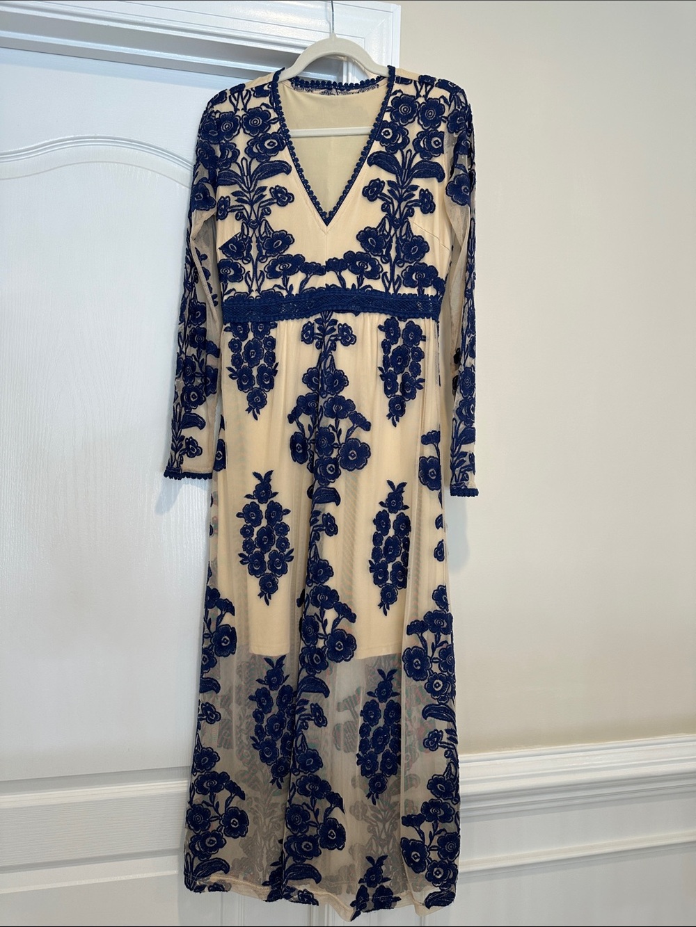 Chicwish Navy Embroidered Long-Sleeve Maxi Dress on Cream Base